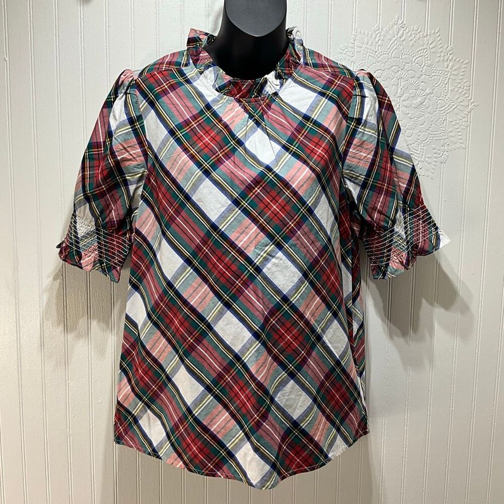 J. CREW Short Sleeve Cotton Plaid Blouse